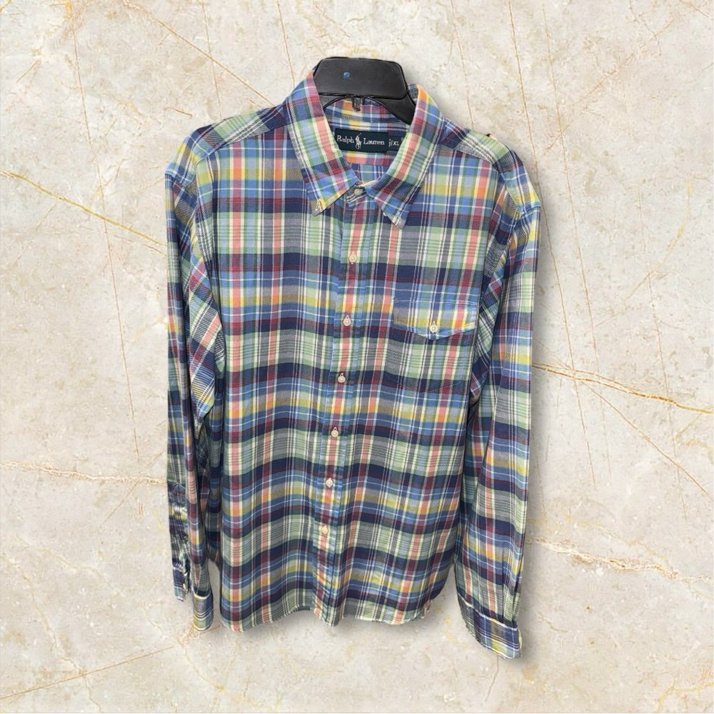 Ralph Lauren Shirt Size XL Multicolor Plaid Long Sleeve Pastel‎ Preppy EUC